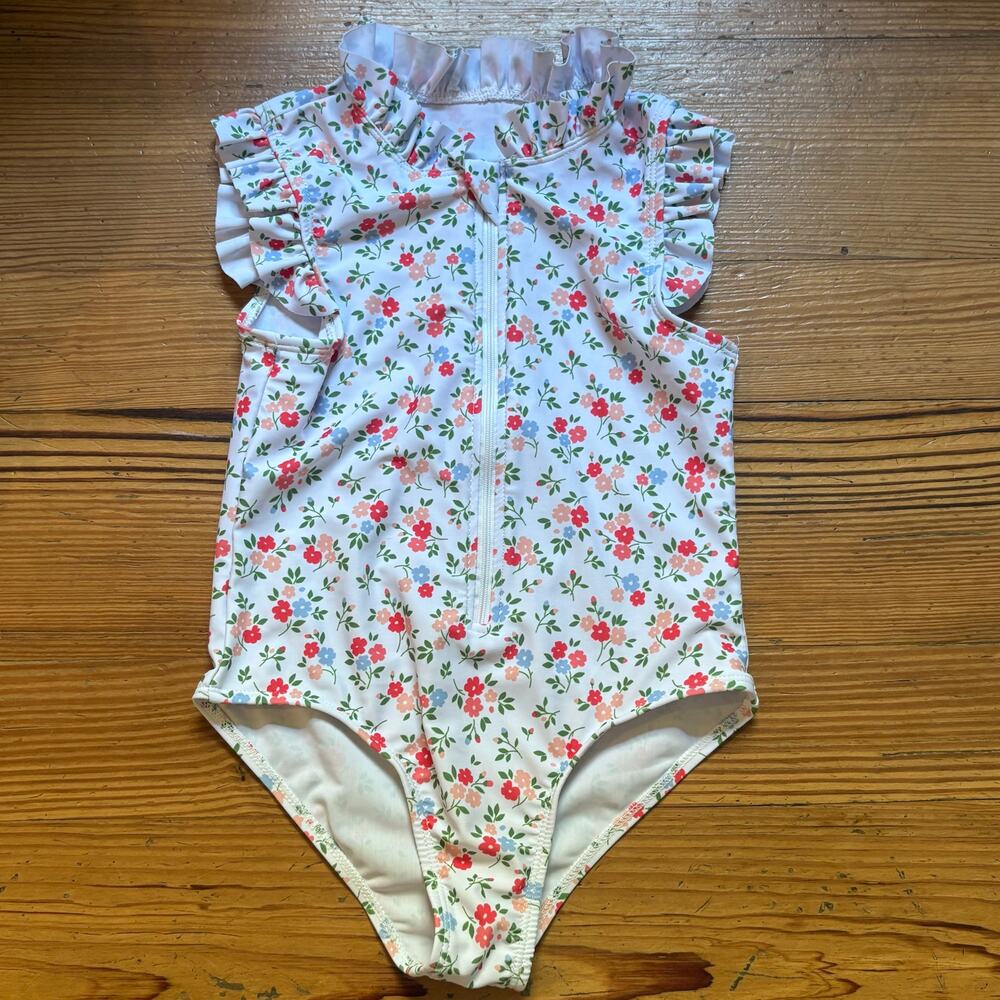 Shein white red pink floral ruffle sleeveless zip front swimsuit SIZE‎ 6